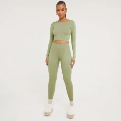 EGO High Waist Contour Detail Active Leggings In Pale Khaki