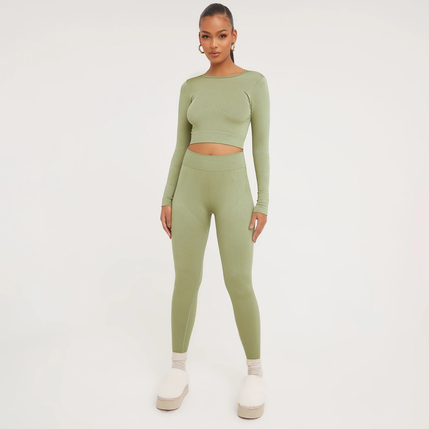 EGO High Waist Contour Detail Active Leggings In Pale Khaki 1 EGO High Waist Contour Detail Active Leggings In Pale Khaki