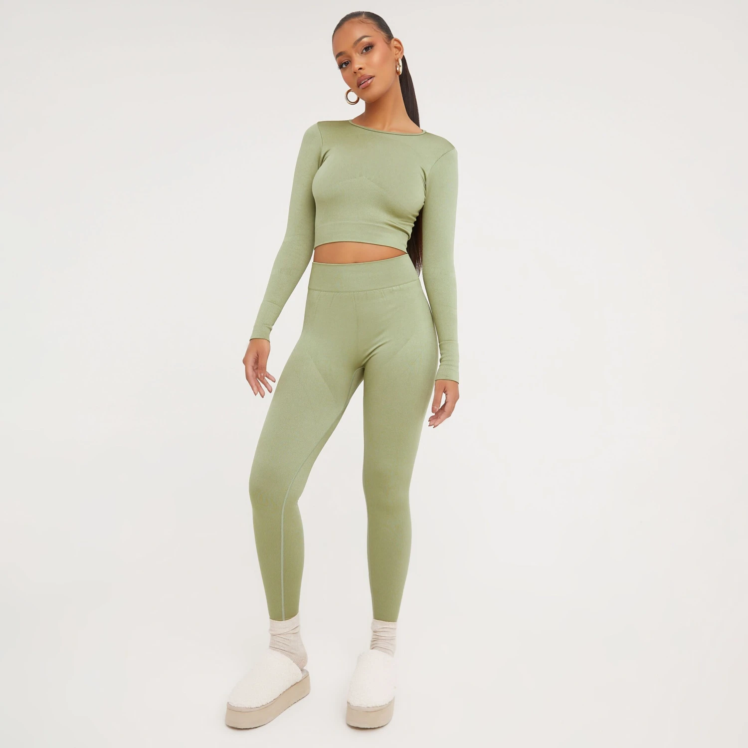 EGO High Waist Contour Detail Active Leggings In Pale Khaki 3 EGO High Waist Contour Detail Active Leggings In Pale Khaki - Image 3