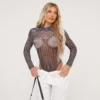 EGO High Neck Long Sleeve Contrast Body Print Bodysuit In Black Mesh