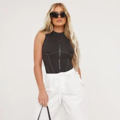 EGO Zip Front Seam Detail Racer Bodysuit In Black