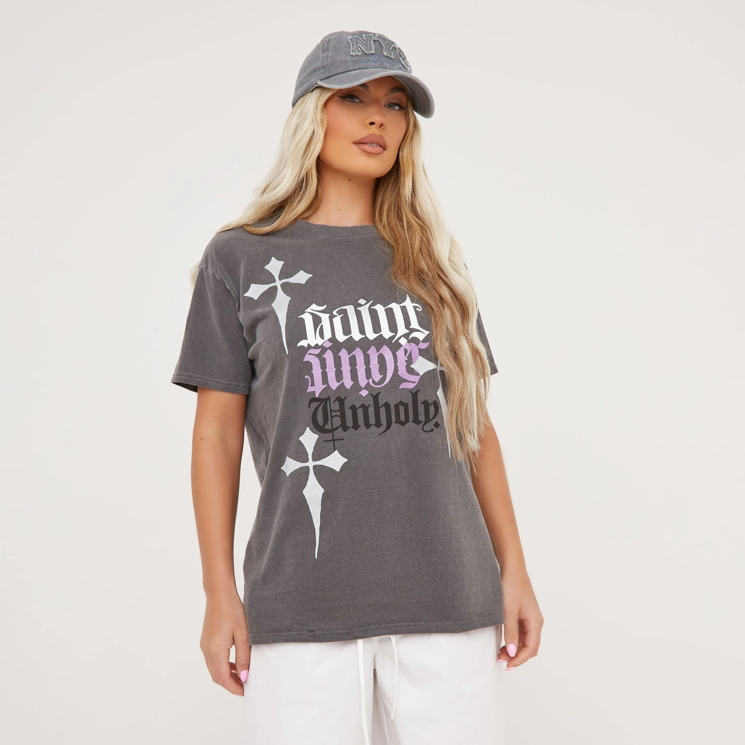 EGO Saint Sinner Graphic Print T-Shirt In Grey 1 EGO Saint Sinner Graphic Print T-Shirt In Grey