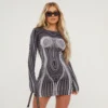EGO Long Sleeve Contrast Body Print Mini Bodycon Dress In Black