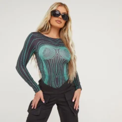 EGO Long Sleeve Green Contrast Body Print Bodysuit In Black Slinky