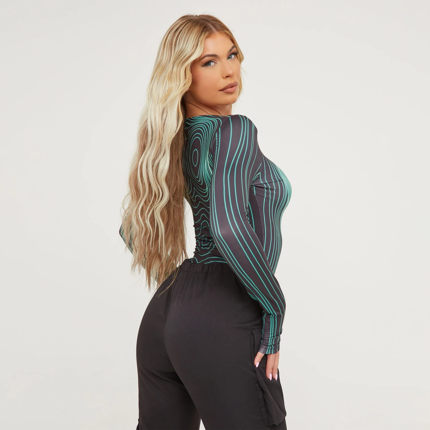 EGO Long Sleeve Green Contrast Body Print Bodysuit In Black Slinky 4 EGO Long Sleeve Green Contrast Body Print Bodysuit In Black Slinky - Image 4