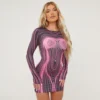 EGO Long Sleeve Contrast Body Print Mini Bodycon Dress In Pink