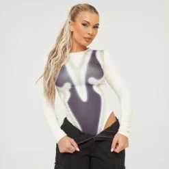 EGO Long Sleeve Body Print Bodysuit In Stone Multi