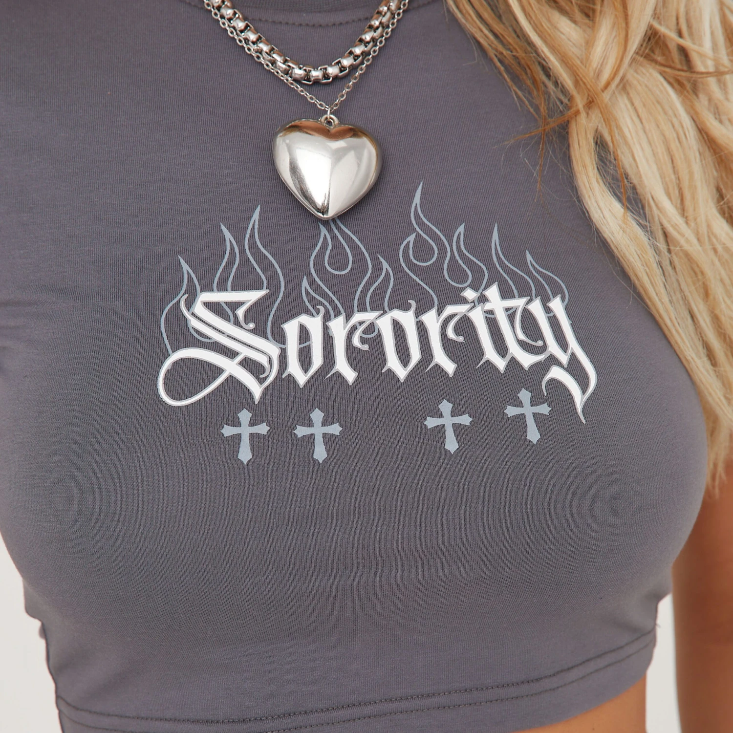 EGO Short Sleeve Sorority Flame Graphic Print Cropped Baby Tee In Grey 2 EGO Short Sleeve Sorority Flame Graphic Print Cropped Baby Tee In Grey - Image 2