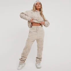 EGO High Waist Cross Patch Detail Oversized Straight Leg Joggers In Acid Wash Stone