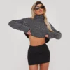 EGO Long Sleeve Roll Neck Oversized Cropped Jumper In Black And Charcoal Contrast Ribbed