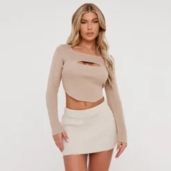 EGO Long Sleeve Square Neck Cut Out Detail Crop Top In Beige