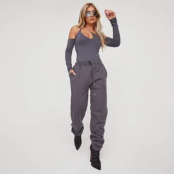 EGO High Waist Cuffed Hem Oversized Joggers In Grey