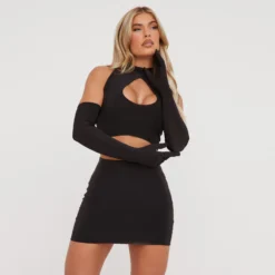 EGO High Neck Keyhole Detail Crop Top With Gloves In Black Slinky