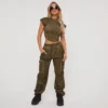 EGO Tie Waist Seam Detail Cargo Joggers In Acid Wash Khaki