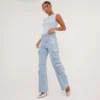 EGO High Waist Diamante Multi Pocket Detail Straight Leg Cargo Jeans In Blue Denim