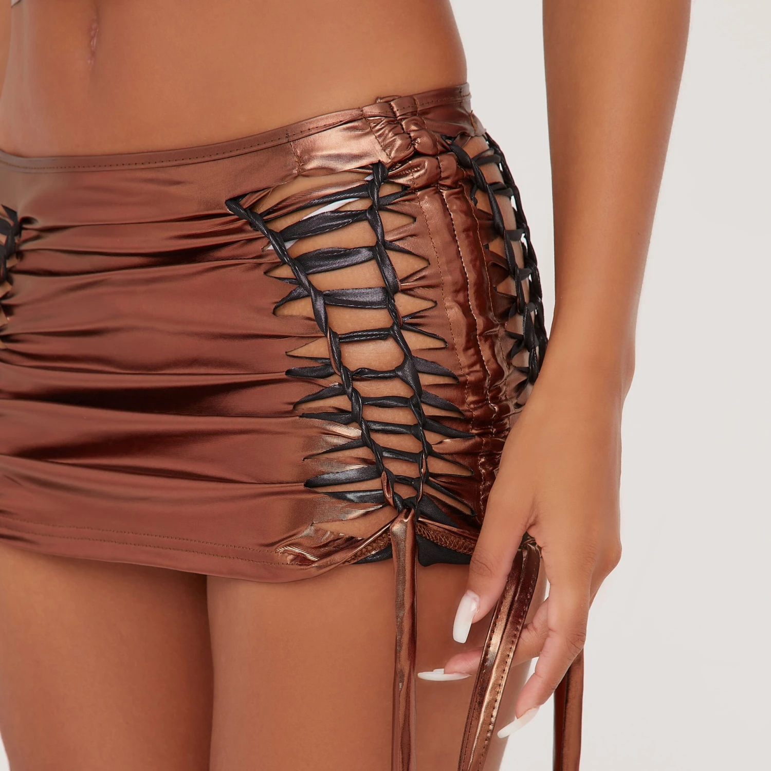 EGO Low Rise Ladder Detail Mini Skirt In Bronze Metallic 3 EGO Low Rise Ladder Detail Mini Skirt In Bronze Metallic - Image 3