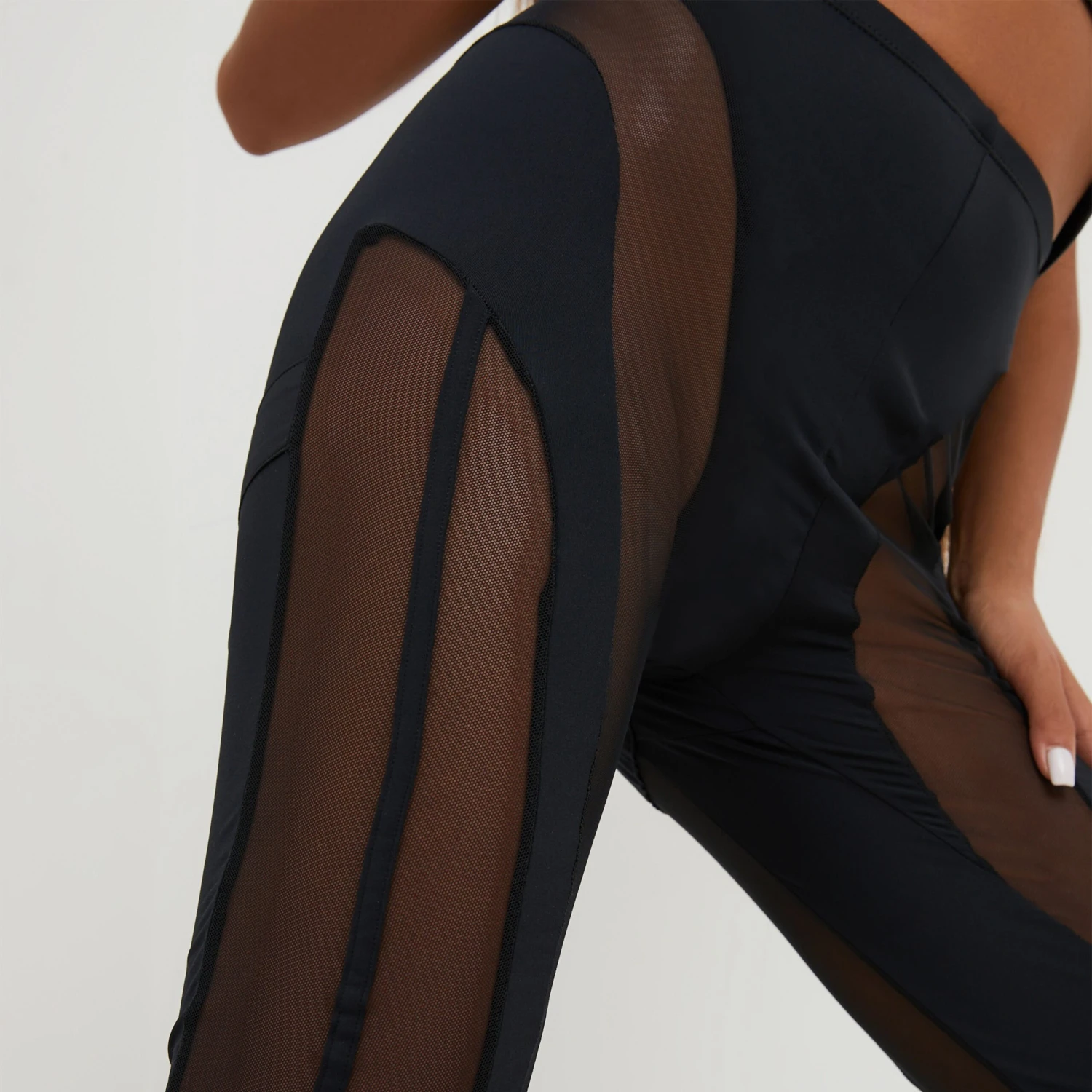 EGO High Waist Contrast Panelled Stirrup Leggings In Black Mesh And Slinky 4 EGO High Waist Contrast Panelled Stirrup Leggings In Black Mesh And Slinky - Image 4