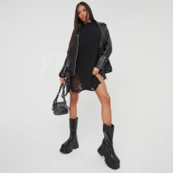 EGO Long Sleeve Distressed Detail Jumper Dress In Black Knit -EGO Sales Store 23 11 22 july28923 sq scaled