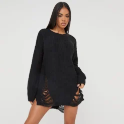 EGO Long Sleeve Distressed Detail Jumper Dress In Black Knit