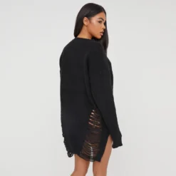 EGO Long Sleeve Distressed Detail Jumper Dress In Black Knit -EGO Sales Store 23 11 22 july28933 sq scaled