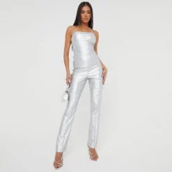 EGO High Waist Front Seam Detail Straight Leg Trousers In Silver Metallic Faux Leather