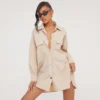 EGO Long Sleeve Button Front Oversized Parachute Shirt Dress In Stone