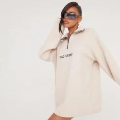 Long Sleeve Zip Front 'Ego Studio' Slogan Fleece Sweatshirt In Stone