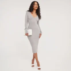 EGO Long Sleeve Notch Detail Midi Bodycon Dress In Grey Ribbed
