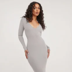 EGO Long Sleeve Notch Detail Midi Bodycon Dress In Grey Ribbed -EGO Sales Store 24 02 23 nahome62216 s scaled