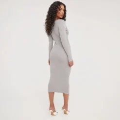 EGO Long Sleeve Notch Detail Midi Bodycon Dress In Grey Ribbed -EGO Sales Store 24 02 23 nahome62224 s scaled