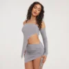 EGO Bandeau One Sleeve Asymmetric Top In Grey Slinky