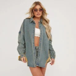 EGO Oversized Curved Hem Distressed Detail Shirt In Blue Dirty Wash Denim