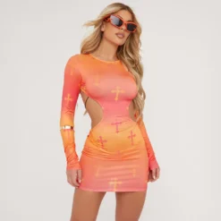 EGO Long Sleeve Strap Detail Open Back Cross Print Mini Bodycon Dress In Orange -EGO Sales Store 25 04 23 em90108 sq scaled