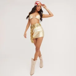 EGO High Waist Mini Bodycon Skirt In Gold Shiny Metallic