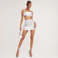 EGO High Waist Pocket Front Detail Mini Bodycon Skirt In Silver Metallic