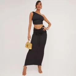 EGO Dipped Waist Tie Front Ruched Detail Textured Maxi Skirt In Black