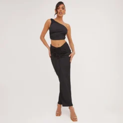 EGO Dipped Waist Tie Front Ruched Detail Textured Maxi Skirt In Black -EGO Sales Store 25 05 23 jul105807 sq scaled