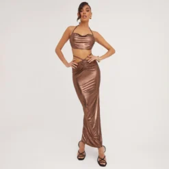 EGO High Waist Strappy Detail Maxi Skirt In Bronze Metallic