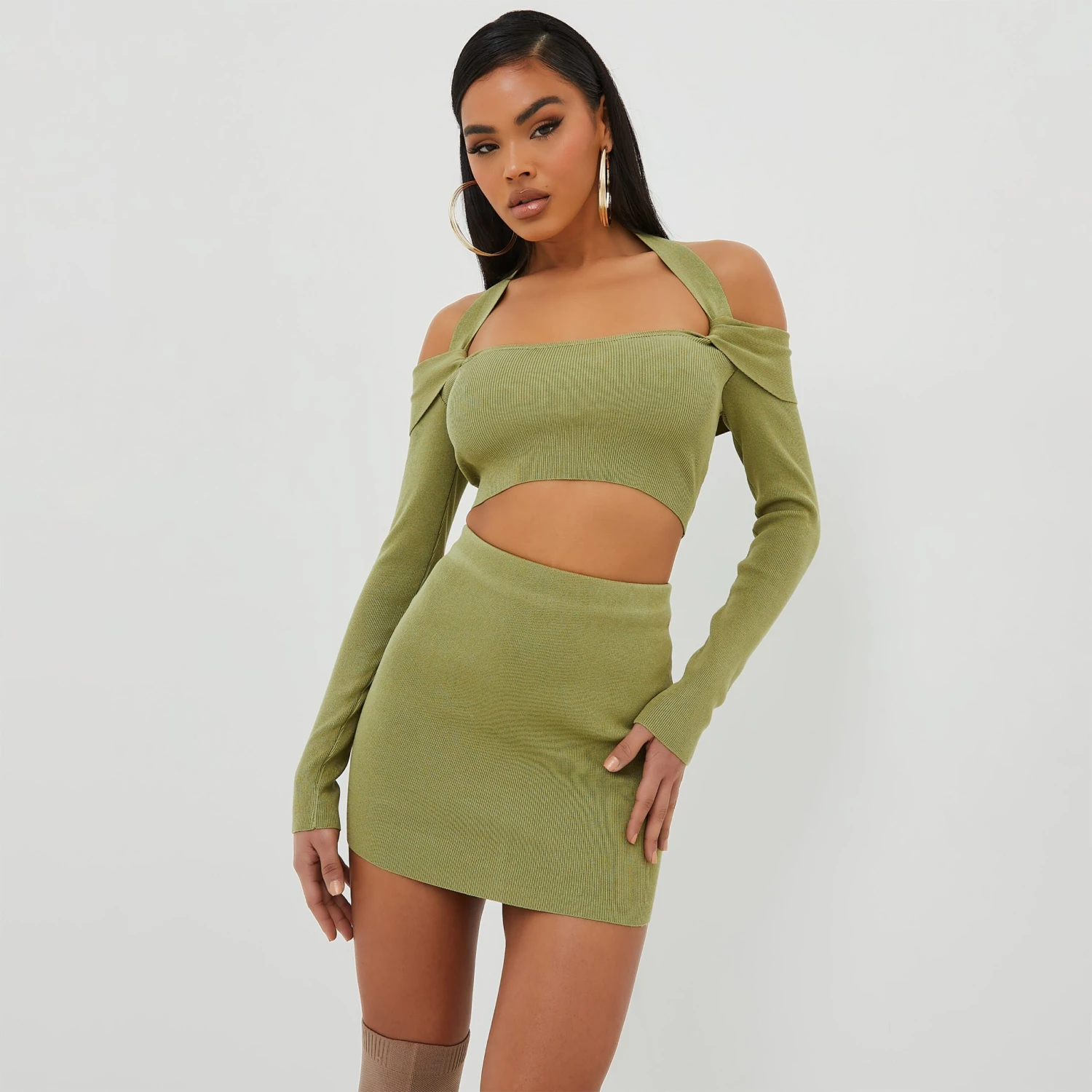 EGO Long Sleeve Twist Detail Bardot Halterneck Crop Top In Khaki Knit