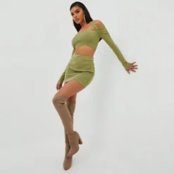 EGO Long Sleeve Twist Detail Bardot Halterneck Crop Top In Khaki Knit -EGO Sales Store 25 10 22 jul15491 copy 2 scaled