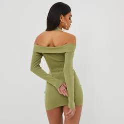 EGO Long Sleeve Twist Detail Bardot Halterneck Crop Top In Khaki Knit -EGO Sales Store 25 10 22 jul15497 sq scaled