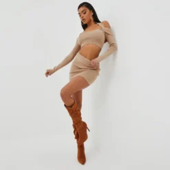 EGO Long Sleeve Twist Detail Bardot Halterneck Crop Top In Beige Knit -EGO Sales Store 25 10 22 jul15508 sq scaled