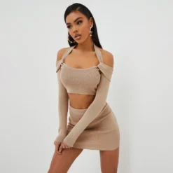 EGO Long Sleeve Twist Detail Bardot Halterneck Crop Top In Beige Knit