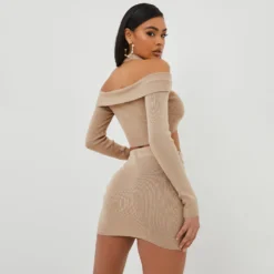 EGO Long Sleeve Twist Detail Bardot Halterneck Crop Top In Beige Knit -EGO Sales Store 25 10 22 jul15528 copy 2 scaled
