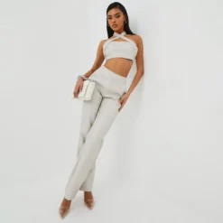 EGO High Waist Straight Leg Trousers In Stone Croc Print Faux Leather