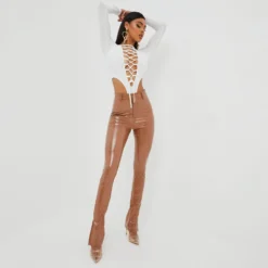 EGO High Waist Split Hem Detail Skinny Fit Trousers In Brown Vinyl