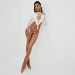 EGO High Waist Split Hem Detail Skinny Fit Trousers In Brown Vinyl -EGO Sales Store 25 10 22 jul15586 copy 2 scaled