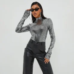 EGO High Neck Long Sleeve Bodysuit In Silver Sequin -EGO Sales Store 25 10 22 jul16307 scaled