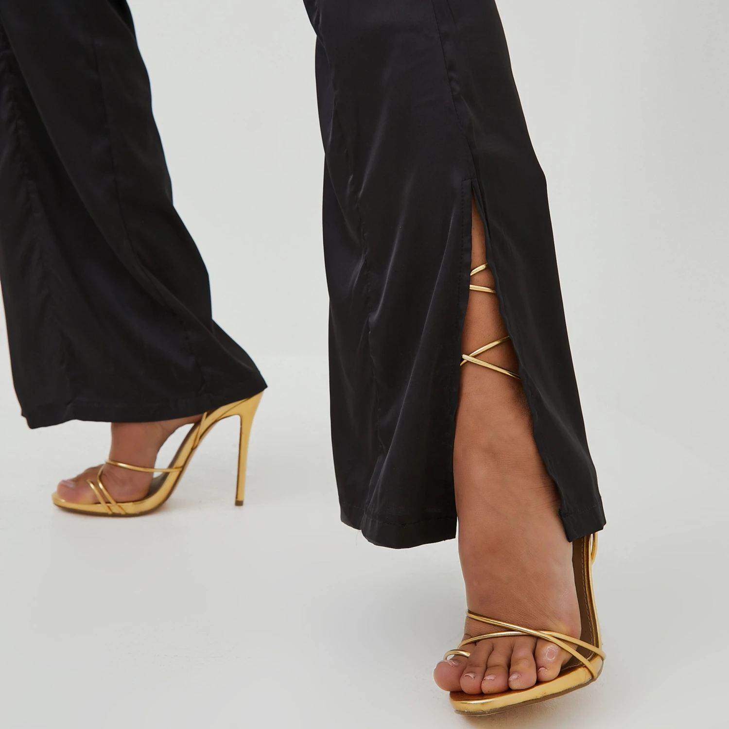 EGO High Waist Split Hem Detail Straight Leg Trousers In Black Satin 2 EGO High Waist Split Hem Detail Straight Leg Trousers In Black Satin - Image 2