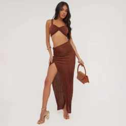 EGO High Waist Ruched Detail Split Leg Maxi Skirt In Brown Plisse